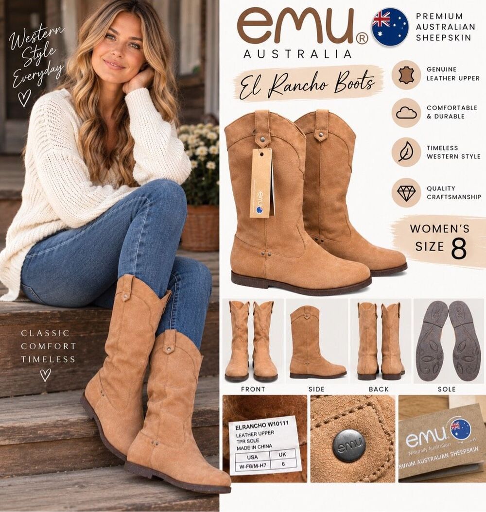 NWT emu El Rancho Leather Boots tan sz 8 Premium Australian Sheepskin MSRP $180
